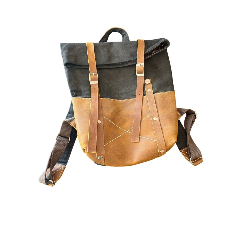 Black Canvas and Brown Leather Rolltop Backpack‎ Rucksack Adjustable Straps